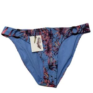 Jessica Simpson Floral Smocked Bikini Bottom Large NWT Blue Pink Ring Detail